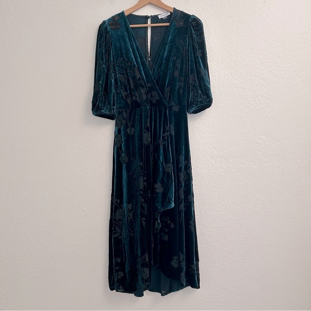 Calvin Klein Turquoise Floral Velour Sheer Midi Dress, Size 10P